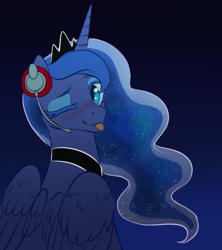 Size: 1280x1440 | Tagged: safe, artist:ghoasthead, derpibooru import, princess luna, alicorn, pony, :p, abstract background, blushing, ethereal mane, female, gradient background, headphones, looking at you, looking back, looking back at you, looking over shoulder, mare, one eye closed, rear view, smiling, smiling at you, solo, starry mane, tongue, tongue out, wings, wink, winking at you