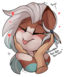 Size: 2226x2457 | Tagged: safe, artist:beardie, derpibooru import, part of a set, oc, oc only, oc:faline, deer, deer pony, human, original species, beardies scritching ponies, blushing, commission, cute, disembodied hand, eyes closed, hand, petting, simple background, solo, tongue, tongue out, transparent background, ych result