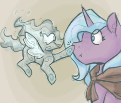 Size: 1000x849 | Tagged: safe, artist:apatheticxaddict, derpibooru import, idw, rabia, radiant hope, pony, umbrum, unicorn, spoiler:comic36, boop, duo, female, non-consensual booping, simple background