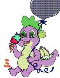 Size: 2250x2915 | Tagged: safe, artist:puffydearlysmith, derpibooru import, spike, dragon, balloon, chubby, chubby spike, fangs, food, happy, ice cream, ice cream cone, male, open mouth, simple background, tongue, tongue out, transparent background, winged spike