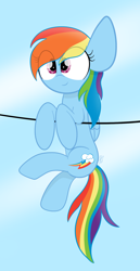 Size: 1050x2029 | Tagged: safe, artist:sugarcloud12, derpibooru import, rainbow dash, pegasus, pony, backwards cutie mark, eye clipping through hair, female, mare, sky, smiling, solo, wires