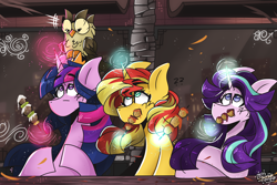 Size: 4200x2800 | Tagged: safe, artist:its_sunsetdraws, derpibooru import, owlowiscious, starlight glimmer, sunset shimmer, twilight sparkle, twilight sparkle (alicorn), alicorn, bird, owl, pony, unicorn, cafe, cheek fluff, confused, digital art, eyebrows, eyebrows visible through hair, falling leaves, fanart, female, food, glowing horn, high res, horn, leaves, magic, magic aura, male, mare, outdoor cafe, outdoors, sitting, telekinesis