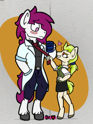 Size: 2238x2984 | Tagged: safe, artist:drheartdoodles, derpibooru import, oc, oc only, oc:dr.heart, oc:golden keylime, anthro, digitigrade anthro, belt, blushing, clothes, clydesdale, doctor, female, hand on hip, heart, height difference, larger male, male, mare, mug, multicolored mane, necktie, oc x oc, rolled sleeves, shipping, size difference, smaller female, smiling, stallion, standing, straight