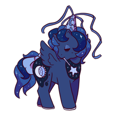 Size: 640x666 | Tagged: safe, artist:squiddy-ink-s, derpibooru import, princess luna, alicorn, pony, g1, alternate cutie mark, bow, eyes closed, female, g4 to g1, generation leap, hat, magic wand, mare, mouth hold, princess hat, simple background, solo, tail bow, transparent background