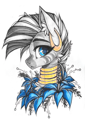 Size: 1429x2051 | Tagged: safe, artist:tenebristayga, edit, editor:dsp2003, zecora, zebra, :<, bust, cheek fluff, chest fluff, cute, ear fluff, ear piercing, earring, ears, female, flower, jewelry, looking at you, mare, piercing, poison joke, portrait, retouched, simple background, solo, traditional art, white background, zecorable