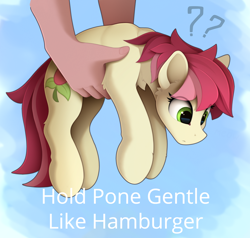 Size: 1810x1720 | Tagged: safe, artist:yakovlev-vad, edit, editor:band sickle, roseluck, earth pony, human, pony, behaving like a cat, confused, cute, cuteluck, disembodied hand, female, hand, hold x gentle like hamburger, holding a pony, implied humburger, it's dangerous to go alone, mare, meme, offscreen character, question mark, rosepet