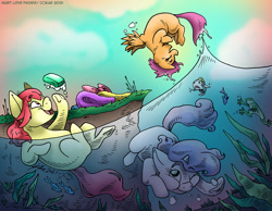 Size: 1200x932 | Tagged: safe, artist:kaemantis, apple bloom, scootaloo, sweetie belle, earth pony, fish, frog, pegasus, pony, unicorn, cutie mark crusaders, female, filly, puffy cheeks, soap, swimming, towel, trio, underwater