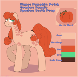 Size: 2124x2089 | Tagged: safe, artist:2k.bugbytes, oc, oc only, oc:pumpkin patch (acres), earth pony, pony, female, hair accessory, hairband, lidded eyes, looking at you, mare, raised hoof, raised leg, reference sheet, simple background, smiling, smiling at you, solo