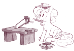 Size: 3444x2379 | Tagged: safe, artist:hattsy, pinkie pie, earth pony, pony, box, female, hacksaw, hammer, mare, monochrome, mouth hold, nails, plank, simple background, sitting, sketch, solo, spongebob reference, white background, workbench