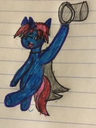 Size: 3024x4032 | Tagged: safe, artist:iyashi, derpibooru import, oc, oc only, oc:belle boue, pony, unicorn, blue pony, cape, clothes, lined paper, looking at you, missing cutie mark, purple eyes, solo, traditional art, two toned mane, two toned tail