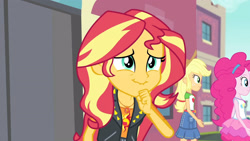 Size: 3410x1920 | Tagged: safe, derpibooru import, screencap, applejack, pinkie pie, sunset shimmer, better together, equestria girls, forgotten friendship, applejack's hat, belt, canterlot high, clothes, cowboy hat, cutie mark, cutie mark on clothes, denim skirt, female, geode of empathy, geode of sugar bombs, geode of super strength, hat, jacket, jewelry, leather, leather jacket, magical geodes, necklace, skirt, smiling, tanktop