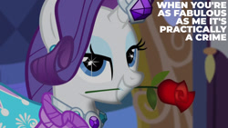 Size: 1280x720 | Tagged: safe, derpibooru import, edit, edited screencap, editor:quoterific, screencap, rarity, pony, unicorn, season 4, simple ways, clothes, dress, female, flower, grin, looking at you, mare, rose, smiling, solo