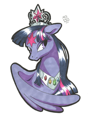 Size: 2130x2814 | Tagged: safe, artist:melindaington, derpibooru import, twilight sparkle, twilight sparkle (alicorn), alicorn, pony, alternate universe, element of generosity, element of honesty, element of kindness, element of laughter, element of loyalty, element of magic, elements of harmony, hornless alicorn, immortality blues, jewelry, magic mark, missing horn, peytral, queen twilight, queen twilight sparkle, sad, scar, simple background, solo, tiara, white background