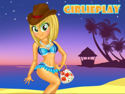 Size: 700x526 | Tagged: safe, artist:connorm1, derpibooru import, applejack, equestria girls, beach, bra, clothes, eyelashes, female, handbag, hat, jewelry, makeup, miniskirt, necklace, night, outdoors, pearl necklace, skirt, smiling, solo, stars, underwear