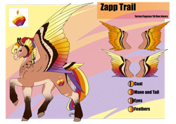 Size: 1920x1358 | Tagged: safe, artist:oneiria-fylakas, derpibooru import, oc, oc:zapp, pegasus, pony, colored wings, female, mare, multicolored wings, offspring, parent:rainbow dash, parent:soarin', parents:soarindash, reference sheet, solo, tail feathers, trail, wings