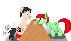 Size: 1000x575 | Tagged: safe, artist:ceehoff, derpibooru import, oc, oc:cherry limeade, oc:connor, earth pony, pony, duo, earth pony oc, eyelashes, female, licking, licking lips, male, mare, signature, simple background, sitting, smiling, stallion, stool, tongue, tongue out, white background