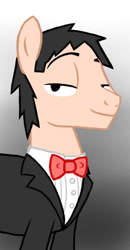 Size: 334x641 | Tagged: safe, artist:ceehoff, derpibooru import, oc, oc only, oc:connor, earth pony, pony, fanfic:equestria's first human, bedroom eyes, bowtie, bust, clothes, earth pony oc, gradient background, male, signature, stallion, suit