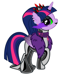 Size: 5483x6766 | Tagged: safe, alternate version, artist:severity-gray, derpibooru exclusive, derpibooru import, twilight sparkle, twilight sparkle (alicorn), alicorn, pony, alternate hairstyle, bedroom eyes, choker, clothes, collar, corrupted, corrupted twilight sparkle, crown, dark magic, dress, ear piercing, eyeshadow, feather boa, female, glowing eyes, hobble skirt, horn, jewelry, latex, latex dress, lipstick, looking at you, magic, makeup, mare, piercing, regalia, simple background, solo, sombra eyes, transparent background, wings