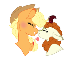 Size: 2252x1909 | Tagged: safe, artist:moccabliss, derpibooru import, applejack, autumn blaze, earth pony, kirin, pony, autumnjack, blushing, ears, eyes closed, female, floppy ears, heart, lesbian, mare, noseboop, shipping, simple background, smiling, white background