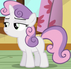 Size: 835x812 | Tagged: safe, derpibooru import, screencap, sweetie belle, pony, unicorn, bloom and gloom, season 5, clubhouse, cropped, crusaders clubhouse, disapproval, female, filly, solo, sweetie belle is not amused, unamused