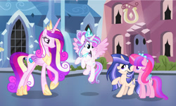 Size: 1280x766 | Tagged: safe, artist:starflightsparkleyt, derpibooru import, princess cadance, princess flurry heart, oc, oc:coral sparkle, oc:starflight sparkle, alicorn, pony, unicorn, female, mare, older