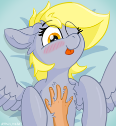 Size: 4000x4348 | Tagged: safe, artist:d3f4ult_4rt1st, derpibooru import, derpy hooves, human, pegasus, pony, blushing, chest fluff, cute, derpabetes, ear fluff, ears, hand, human on pony petting, lying down, on back, one eye closed, petting, solo, spread wings, tongue, tongue out, wings