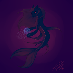 Size: 2000x2000 | Tagged: safe, artist:elderflowerfoo, derpibooru import, oc, oc only, jellyfish, merpony, seapony (g4), crepuscular rays, dorsal fin, fish tail, flowing mane, flowing tail, glowing eyes, ocean, signature, simple background, solo, tail, underwater, water