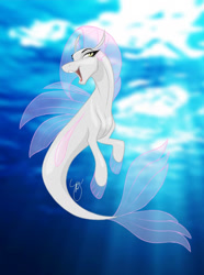 Size: 784x1054 | Tagged: safe, artist:amaryllisdreamer, derpibooru import, oc, oc only, seapony (g4), clothes, crepuscular rays, eyelashes, fin wings, fins, fish tail, flowing tail, golden eyes, ocean, open mouth, see-through, signature, smiling, solo, sunlight, swimming, tail, teeth, underwater, water, wings