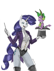 Size: 1000x1316 | Tagged: safe, artist:baron engel, derpibooru import, edit, rarity, spike, anthro, dragon, unicorn, beautiful, breasts, bunny ears, bunny out of the hat, clothes, cute, female, fishnet pantyhose, gloves, hat, horn, horn ring, implied shipping, implied sparity, implied straight, jewelry, magic trick, magic wand, magician outfit, magician rarity, male, mare, pencil drawing, raribetes, ring, simple background, top hat, traditional art, transparent background