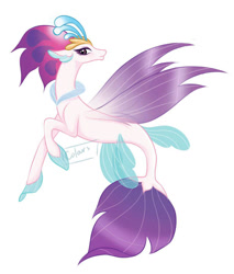 Size: 917x1074 | Tagged: safe, artist:coloursofrainbows, derpibooru import, queen novo, seapony (g4), my little pony: the movie, collar, colored pupils, crown, dorsal fin, eyelashes, female, fin wings, fins, fish tail, flowing tail, glow, jewelry, purple eyes, purple wings, regalia, signature, simple background, smiling, solo, tail, white background, wings