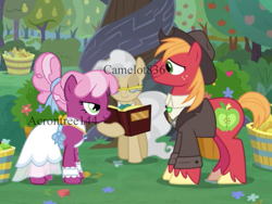 Size: 1024x768 | Tagged: safe, artist:acorntree144, derpibooru import, edit, edited screencap, screencap, big macintosh, cheerilee, mayor mare, earth pony, pony, the big mac question, alternate timeline, apple, apple tree, character swap, cheerimac, clothes, cowboy hat, cropped, dress, female, food, hat, jacket, looking at each other, male, mare, marriage, obtrusive watermark, pear, pear tree, shipping, stallion, straight, tree, watermark, wedding, wedding dress