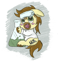 Size: 1016x1103 | Tagged: safe, artist:ledwine glass, derpibooru import, oc, oc:calpain, earth pony, pony, blushing, clothes, crayon drawing, cutie mark, ears, flask, floppy ears, glasses, glasses off, grabbing, green eyes, lab coat, male, simple background, sitting, sitting on tail, solo, stallion, traditional art