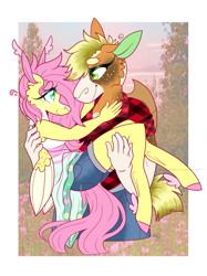 Size: 1280x1707 | Tagged: safe, artist:glitter-pastel-foxes, derpibooru import, applejack, fluttershy, anthro, earth pony, pegasus, unguligrade anthro, appleshy, bridal carry, carrying, female, lesbian, looking at each other, shipping