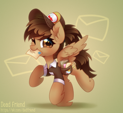 Size: 3200x2936 | Tagged: safe, artist:dedfriend, derpibooru import, oc, oc only, pegasus, pony, ear fluff, ears, female, hat, high res, letter, looking at you, mailmare, mailpony, mare, mouth hold, one eye closed, pegasus oc, ponytail, smiling, smiling at you, solo, spread wings, standing, standing on one leg, wings, wink, winking at you