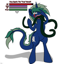 Size: 1200x1200 | Tagged: safe, artist:novaspark, derpibooru import, oc, oc:fury spark, oc:nova spark, monster pony, original species, tatzlpony, series:tatzl tussle, bipedal, fangs, female, health bars, life bar, link in description, simple background, solo, tentacles, transparent background