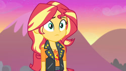 Size: 3410x1920 | Tagged: safe, derpibooru import, screencap, sunset shimmer, better together, equestria girls, forgotten friendship, clothes, cutie mark, cutie mark on clothes, female, geode of empathy, jacket, jewelry, leather, leather jacket, magical geodes, necklace, solo, sunset