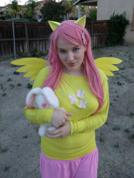 Size: 774x1032 | Tagged: safe, derpibooru import, fluttershy, human, rabbit, animal, clothes, cosplay, costume, irl, irl human, photo, plushie