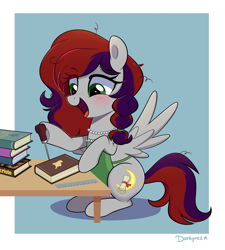 Size: 1800x2000 | Tagged: safe, artist:darkynez, derpibooru import, oc, oc only, oc:evening prose, pegasus, apron, blushing, book, clothes, freckles, jewelry, necklace, pearl necklace, table