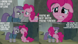 Size: 1280x720 | Tagged: safe, derpibooru import, edit, edited screencap, editor:quoterific, screencap, maud pie, pinkie pie, earth pony, pony, rock solid friendship, season 7, crying, cute, diapinkes, ears, female, floppy ears, hug, lip bite, mare, open mouth, pie sisters, sad, siblings, sisters