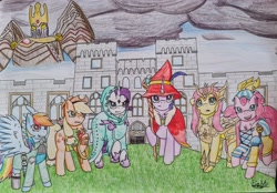 Size: 4032x2810 | Tagged: safe, artist:fireart, derpibooru import, applejack, fluttershy, pinkie pie, rainbow dash, rarity, twilight sparkle, armor, bard pie, clothes, crossover, dungeons and dragons, fantasy class, hat, hood, king arthur, lasso, mane six, rainbow rogue, robe, rope, saint seiya, sonic and the black knight, staff, traditional art, wizard hat