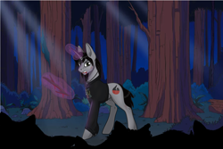 Size: 1500x1000 | Tagged: safe, artist:zariolys, derpibooru import, pony, unicorn, the mean 6, blood, clone, clothes, commission, disguise, disguised siren, evil clone, fangs, forest, glowing horn, horn, jewelry, kellin quinn, levitation, long sleeves, magic, male, necklace, outdoors, ponified, shirt, sleeping with sirens, stallion, stick, telekinesis, tree, ych result