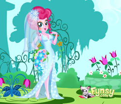 Size: 700x600 | Tagged: safe, artist:connorm1, derpibooru import, pinkie pie, cat, equestria girls, :d, bouquet, clothes, dress, female, flower, flower in hair, high heels, marriage, open mouth, outdoors, shoes, smiling, wedding, wedding dress