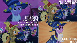 Size: 1280x720 | Tagged: safe, derpibooru import, edit, edited screencap, editor:quoterific, screencap, applejack, cherry berry, twilight sparkle, unicorn twilight, earth pony, pony, unicorn, luna eclipsed, season 2, animal costume, bee costume, clothes, costume, cute, female, feminism, jackabetes, mare, night, open mouth, star swirl the bearded costume, twiabetes