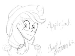 Size: 1065x798 | Tagged: safe, artist:ceehoff, derpibooru import, applejack, human, bust, eyelashes, female, freckles, hat, humanized, lineart, monochrome, signature, simple background, smiling, solo, white background