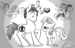 Size: 1078x694 | Tagged: safe, artist:ceehoff, derpibooru import, sweetie belle, oc, oc:connor, earth pony, pony, unicorn, fanfic:equestria's first human, bedroom eyes, book, earth pony oc, female, filly, grayscale, male, monochrome, petting, ponies riding ponies, raised hoof, raised leg, reading, riding, signature, stallion, wide eyes