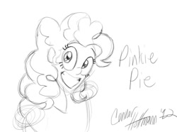 Size: 855x635 | Tagged: safe, artist:ceehoff, derpibooru import, pinkie pie, human, bust, eyelashes, female, grin, humanized, lineart, monochrome, signature, simple background, smiling, solo, white background