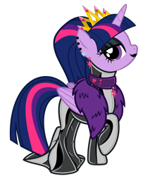 Size: 5483x6766 | Tagged: safe, artist:severity-gray, derpibooru exclusive, derpibooru import, twilight sparkle, twilight sparkle (alicorn), alicorn, pony, alternate hairstyle, bedroom eyes, choker, clothes, collar, crown, dress, ear piercing, eyeshadow, feather boa, female, hobble skirt, horn, jewelry, latex, latex dress, lipstick, looking at you, makeup, mare, piercing, regalia, simple background, solo, transparent background, wings