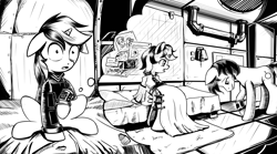 Size: 4252x2364 | Tagged: safe, artist:lexx2dot0, derpibooru import, oc, oc:blackjack, oc:p-21, earth pony, pony, unicorn, fallout equestria, fallout equestria: project horizons, black and white, book, comic, duo, fanfic art, grayscale, horn, monochrome, small horn