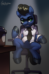 Size: 2000x3000 | Tagged: safe, artist:jedayskayvoker, derpibooru import, oc, oc:sky nightfly, pegasus, chair, clothes, coffee, eyebrows, eyeshadow, makeup, male, necktie, shirt, sketch, solo, stallion, table