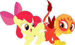 Size: 1159x690 | Tagged: safe, artist:porygon2z, derpibooru import, apple bloom, oc, oc:heatwave, griffon, butt bump, simple background, transparent background